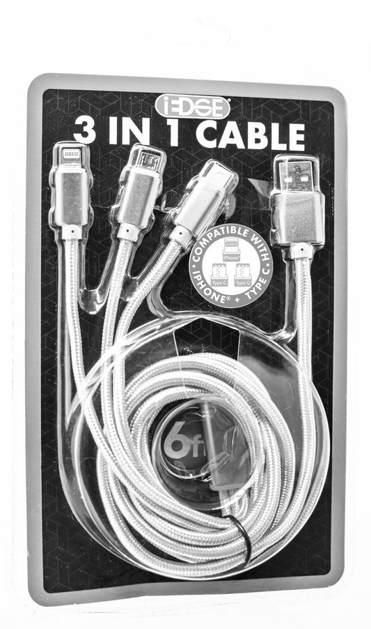 3 in 1 iPhone/Type C/Micro Cable in Blister Pack (6FT)