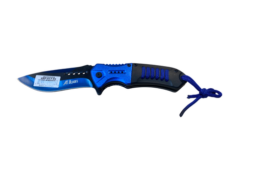 Spring Assisted Pocket Knife- Blue and Black with Rope