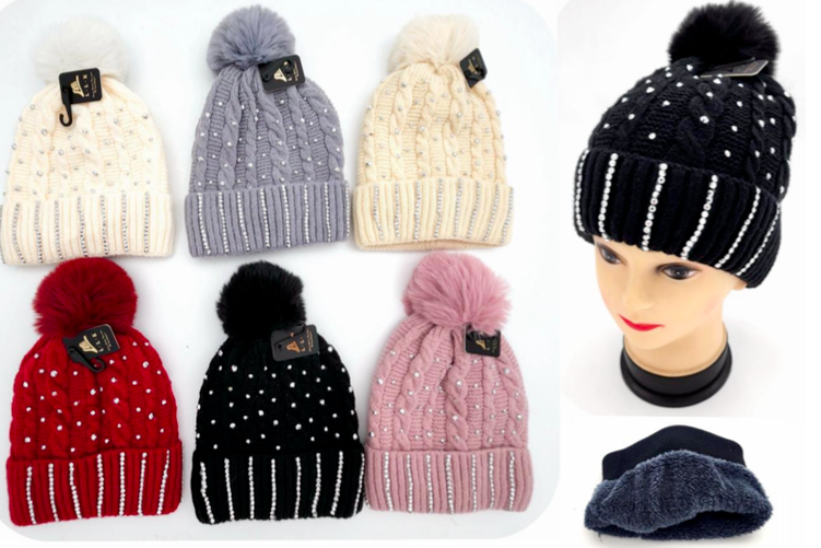 Pom Beanie With Rhinestones (12 Pack)