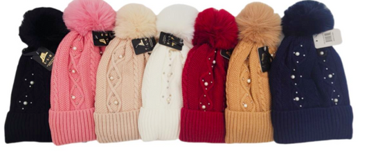 Pom Beanies With Rhinestone (12 Pack Assorted)